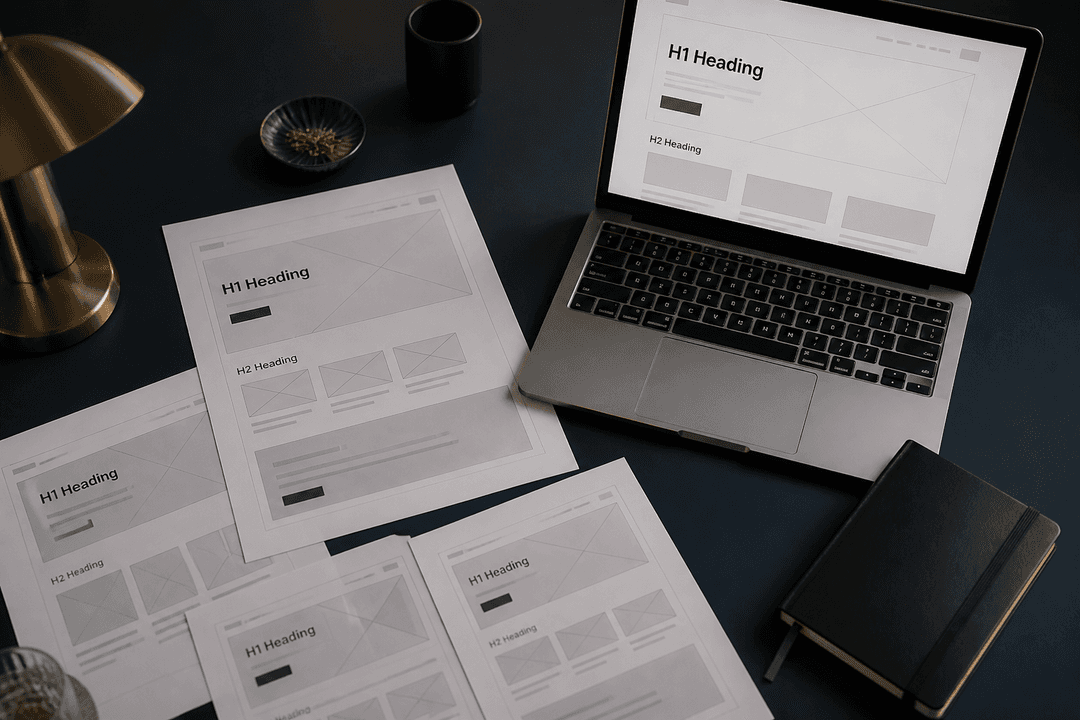Web sitesi tel kafesi ve başlık hiyerarşisi notları üzerinde çalışma masası