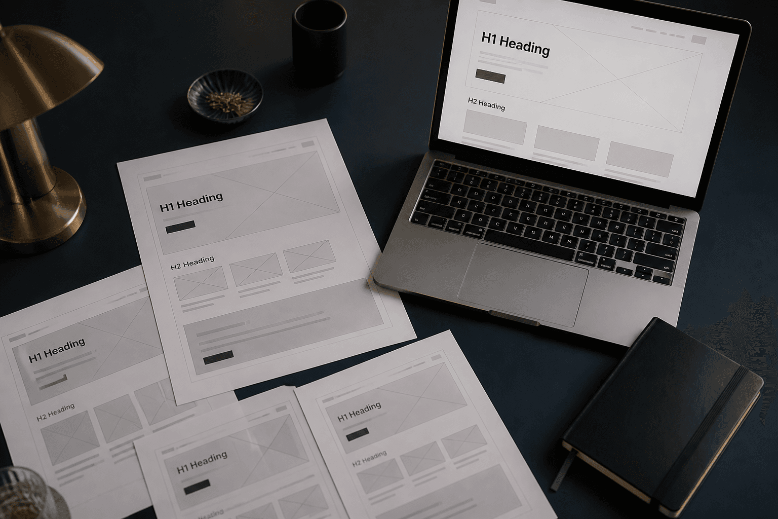 Web sitesi tel kafesi ve başlık hiyerarşisi notları üzerinde çalışma masası