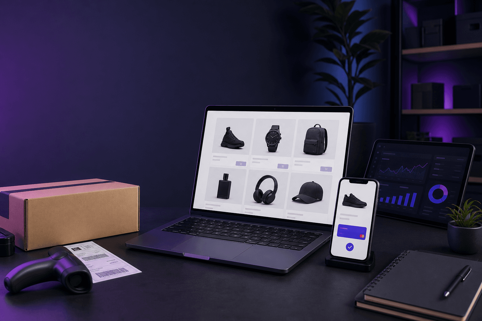 Ürün ekranı, mobil ödeme ve kargo paketi bulunan modern e-ticaret çalışma alanı