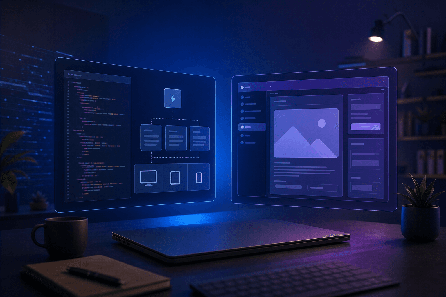 Next.js ve WordPress yaklaşımını temsil eden iki modern web arayüzü
