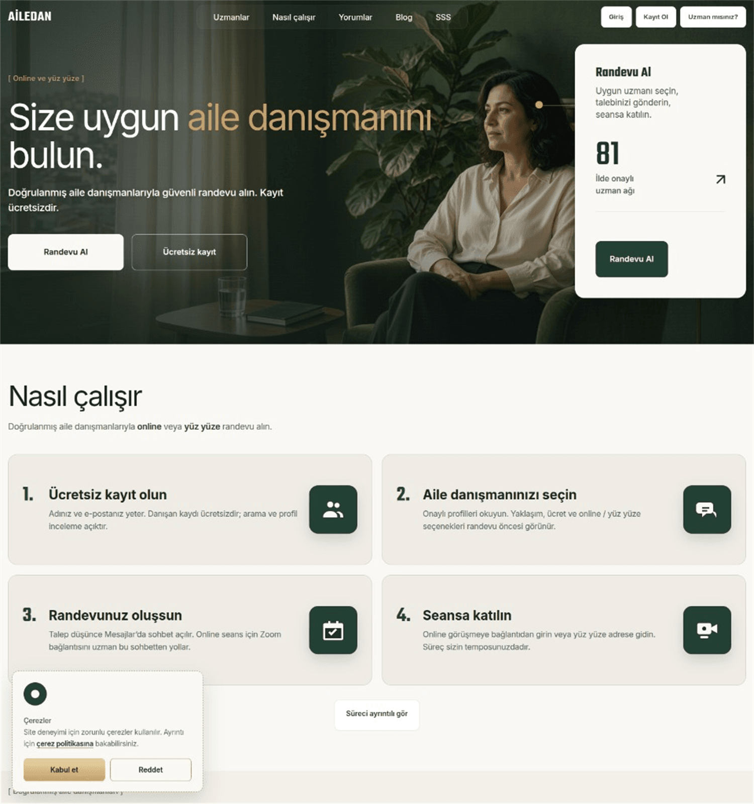 ailedanismanibul.com aile danışmanı bulma platformu anasayfa: Size uygun aile danışmanını bulun başlığı ve randevu kartı