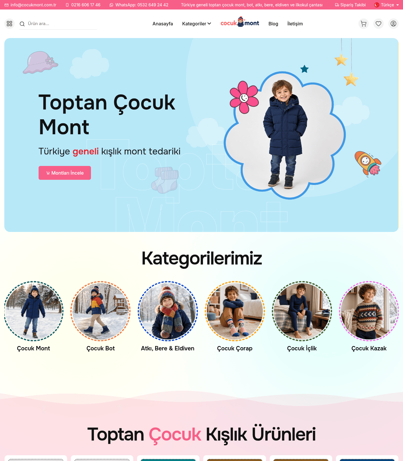 cocukmont.com.tr toptan çocuk kışlık ürünleri e-ticaret sitesi anasayfa görünümü