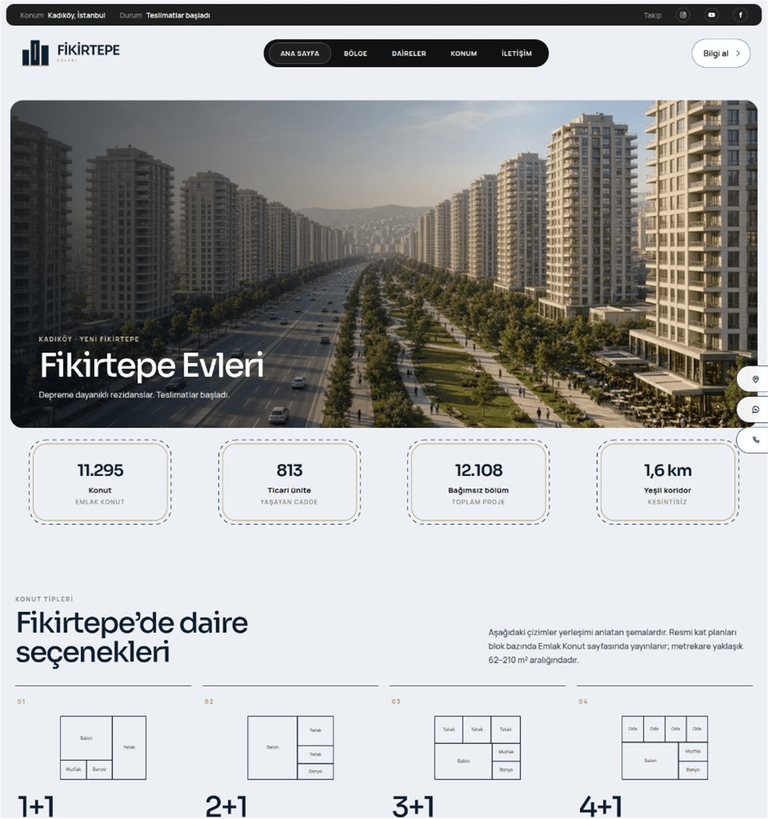 fikirtepeevleri.com Kadıköy Fikirtepe Evleri anasayfası: rezidans vitrini, konut sayıları ve 1+1–4+1 daire tipleri
