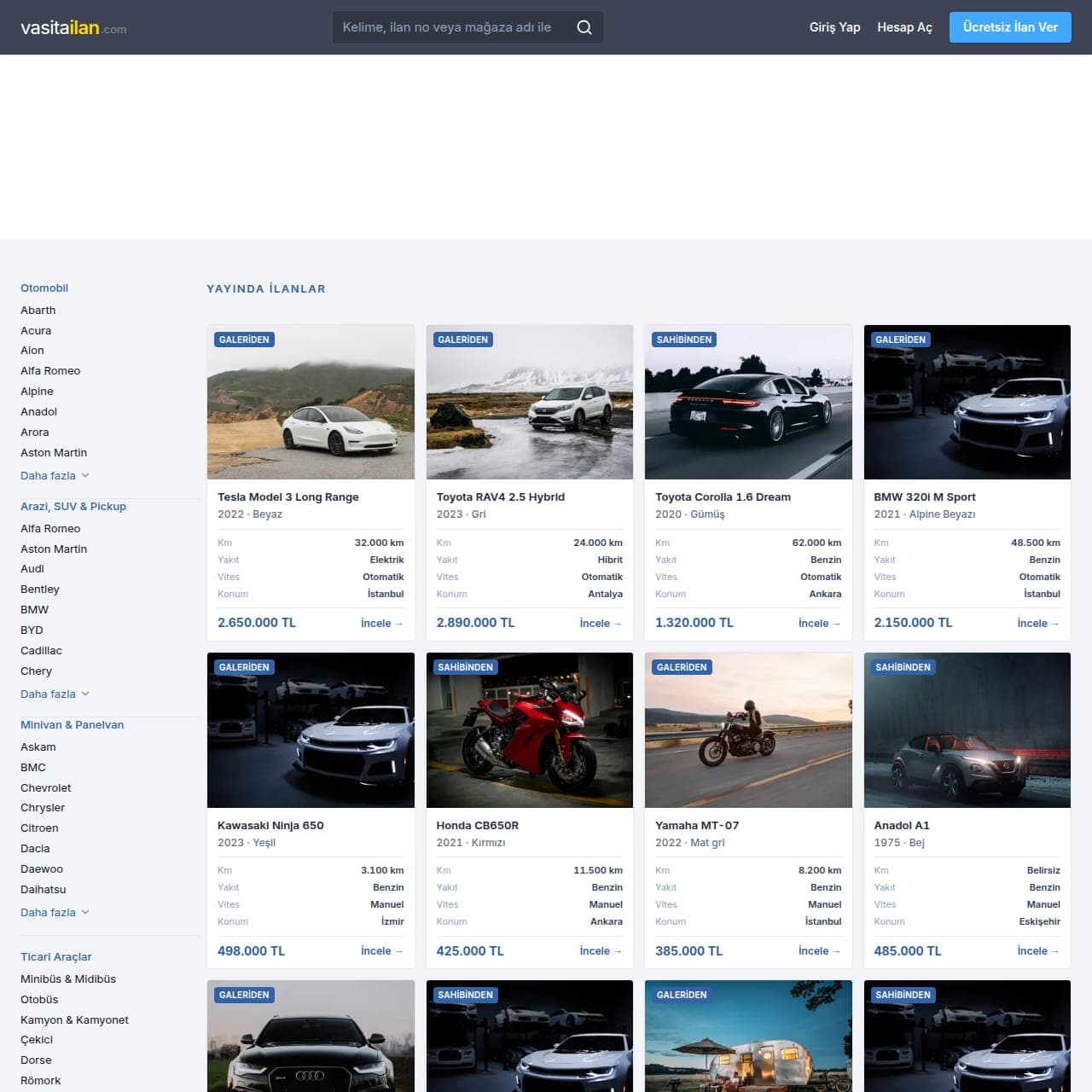 Vasıta İlan web sitesi proje görseli