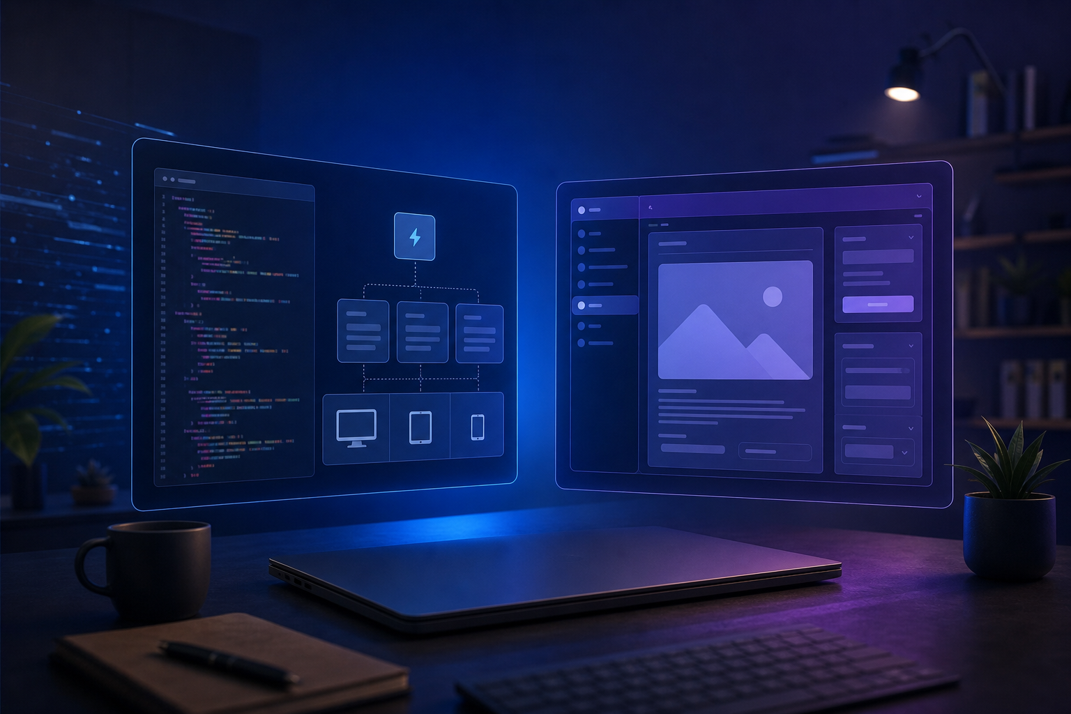 Next.js ve WordPress yaklaşımını temsil eden iki modern web arayüzü